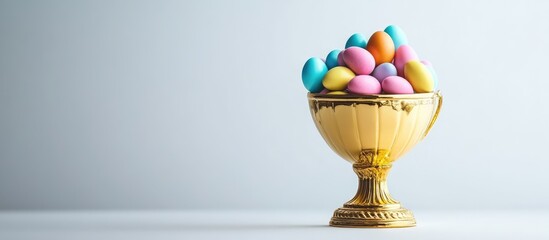 Golden trophy overflowing with vibrant chocolate eggs ideal for Easter celebrations and egg hunt prizes on a clean white backdrop