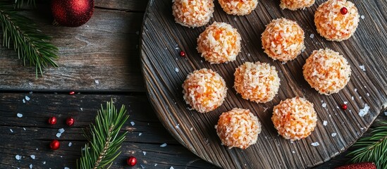Fototapeta premium Crab cheese balls shaped like baubles arranged on a wooden platter with festive decorations for a holiday appetizer presentation