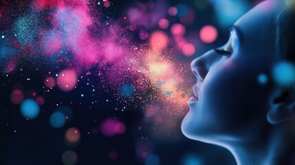 A woman exhales colorful particles, creating an ethereal and dreamy atmosphere with vibrant hues against a dark background.