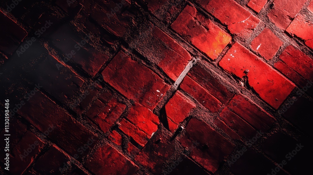 Poster textured surface of weathered red brick wall with dramatic lighting and shadows creating an atmosphe