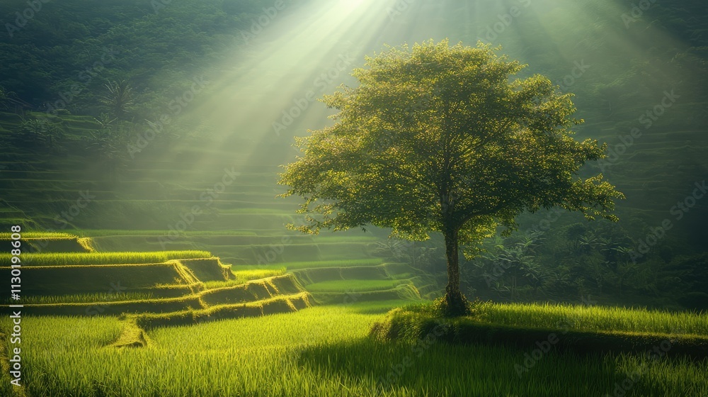 Poster serene view of a rice field with a single tree illuminated by sunlight creating an enchanting atmosp