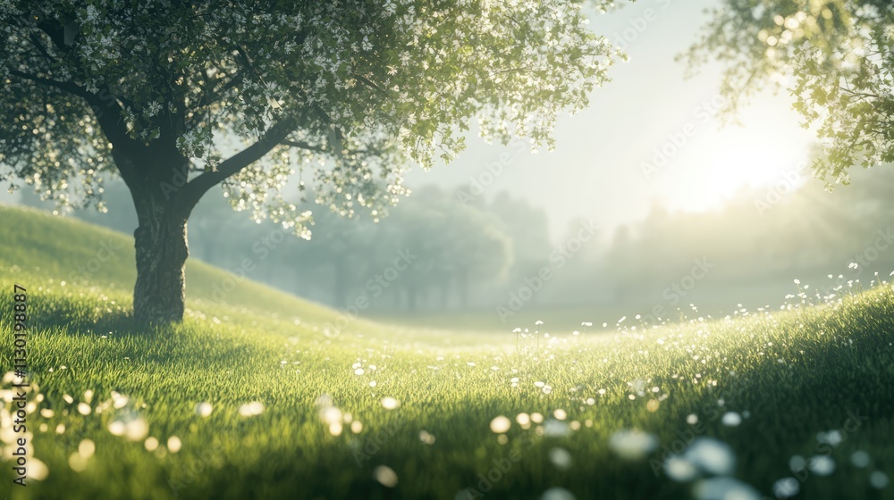 Poster meadow basking in afternoon sunlight with grass in focus and trees creating a serene natural landsca