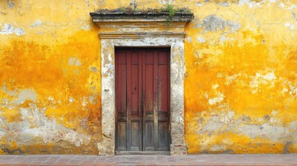 Vintage yellow wall with weathered texture and rustic wooden door frame showcasing historical architectural charm.
