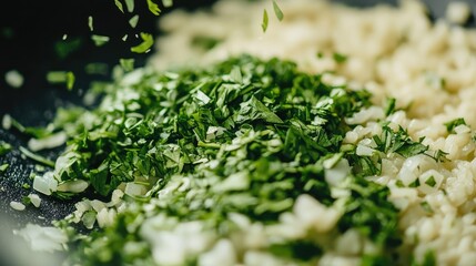 Obraz premium Fresh Chopped Herbs on Rice in a Pan During Cooking Process
