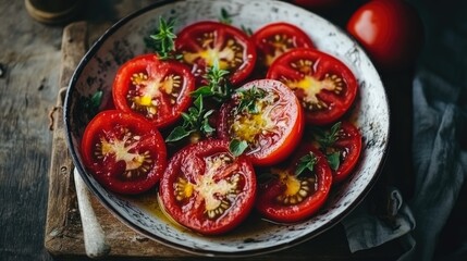 Freshly Sliced Red Tomatoes with Olive Oil and Herbs on Plate