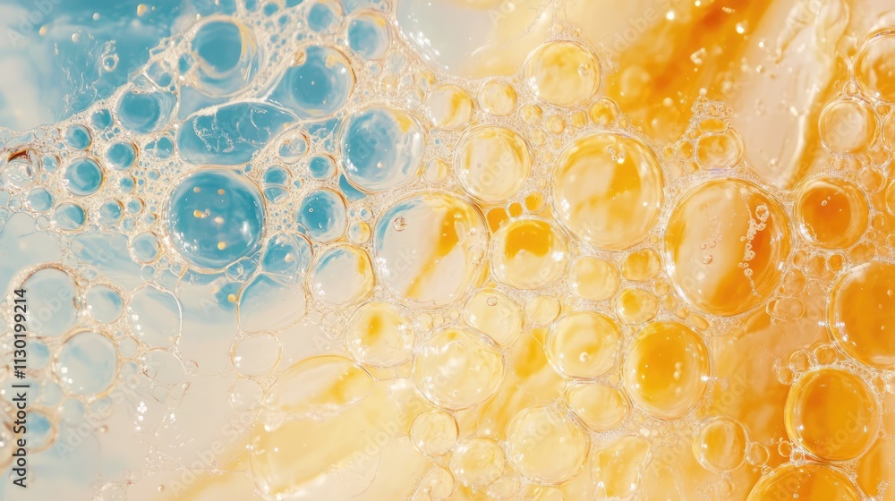 Poster colorful soap bubbles floating in the sky creating a vibrant abstract background of blue and orange 
