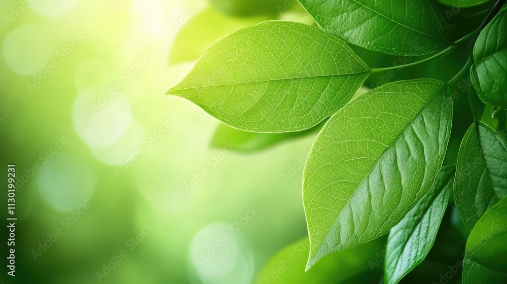 Poster fresh green leaf background for nature and ecology themes with soft bokeh effect