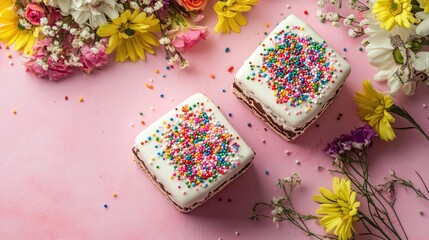 Naklejka premium Colorful marshmallow sandwiches with decorative sprinkles surrounded by fresh flowers on a soft pink background viewed from above.