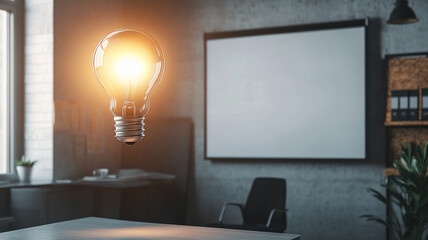 glowing light bulb icon hovers above desk in modern office, symbolizing innovation and creativity, with blurred projector screen and office furniture in background