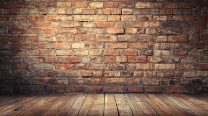 Vintage brick wall with wooden floor texture in a rustic interior setting suitable for background or artistic design purposes.