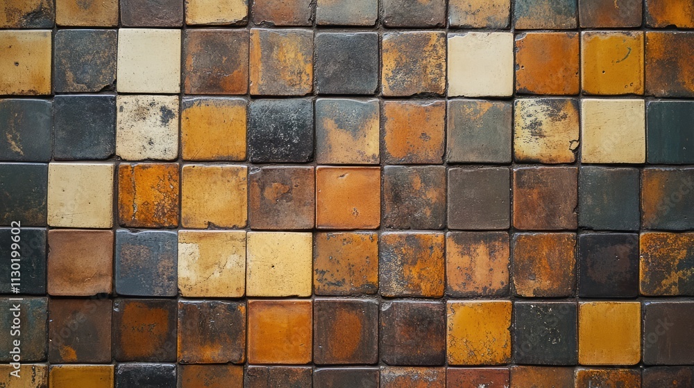 Poster textured background of rustic square tiles in earthy tones combined with weathered wood for a warm a