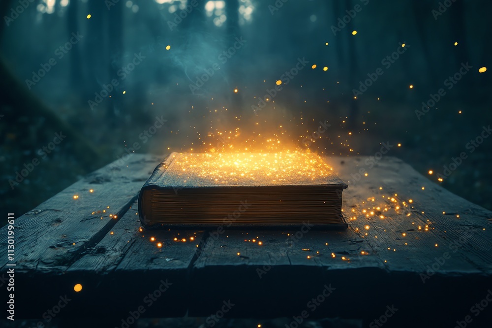Poster a closed book on a wooden table in a forest with magic sparkles emanating from it.