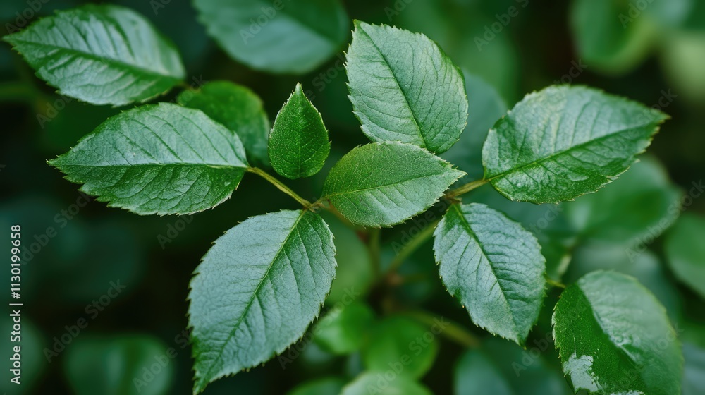 Poster lush green rose leaves with selective focus creating a serene and calming natural background for bot