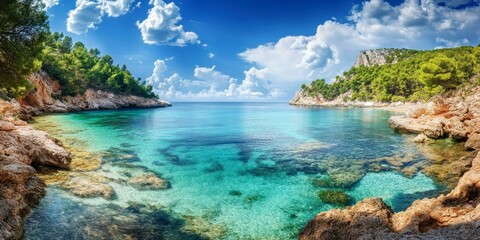Fototapeta premium Captivating view of a gorgeous Mediterranean beach, showcasing the stunning beauty of the coastline and crystal clear waters. Experience the tranquility of this gorgeous Mediterranean beach setting.