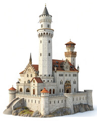 Obraz premium Medieval Stone Castle with Towers and Red Roofs Isolated on White Background, Perfect for History Concepts, Architectural Designs, Fantasy Themes, and Tourism Advertising