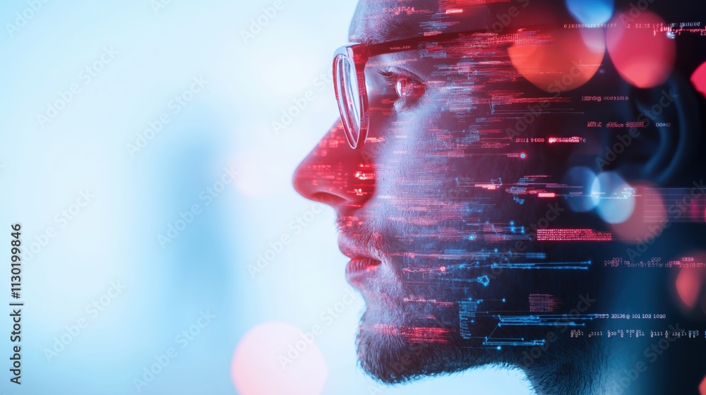 Poster a profile view of a person with glasses, overlaid with digital data and abstract light patterns, sug