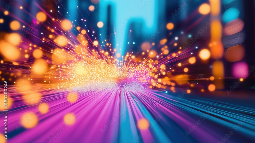 Poster a vibrant, abstract image featuring colorful streaks of light and glowing orbs, creating a dynamic, 