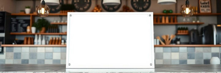 Obraz premium Empty white menu sign mockup on cafe countertop for marketing, white, design, empty