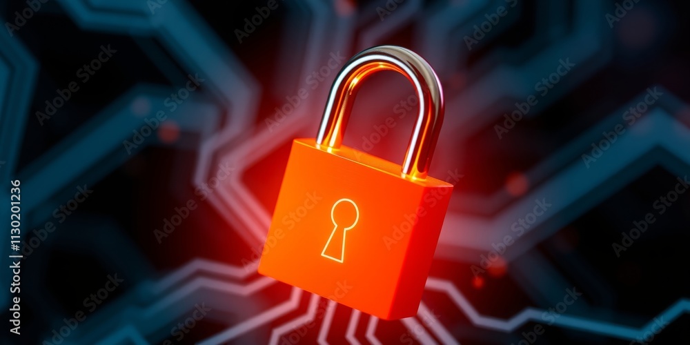 Poster red digital padlock on circuit board symbolizing cybersecurity and data protection