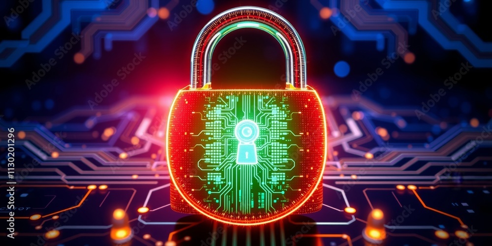 Poster digital padlock with circuit design symbolizing cybersecurity and data protection