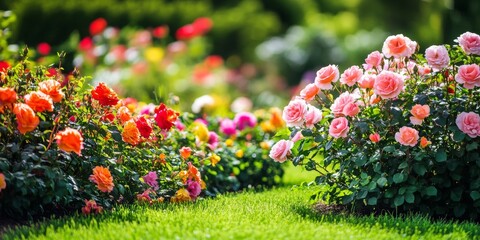 Vibrant roses and various other flowers beautifully bloom in a lush garden, creating a stunning display of colors and scents that enhance the garden s natural charm and appeal.