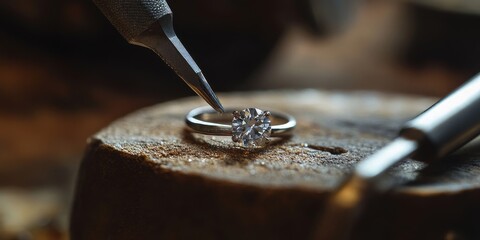 Crafting jewelry involves professional tools for ring repair and diamond setting. This macro shot captures the handmade jeweler process in the intricate manufacture of jewelry.