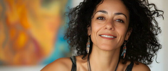 Candid portrait of a mixed-race woman with natural curls and a genuine, heartfelt smile