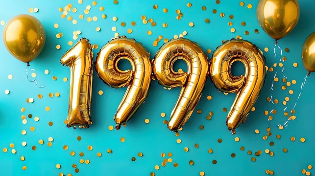 Gold balloons forming the number 1999 on a teal background with gold confetti.
