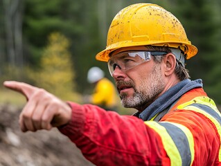 Construction worker directing team at job site forested area photo outdoor close-up teamwork concept
