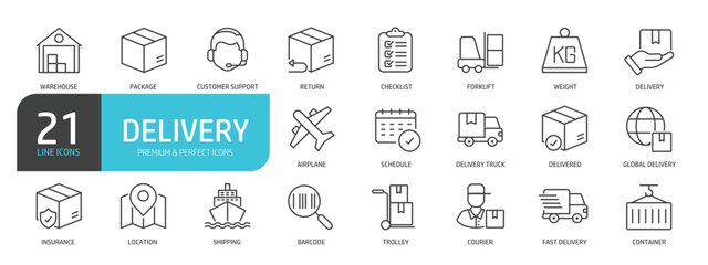 Set of line icons related to user delivery, shipping, cargo, warehouse. Outline icons collection. Editable stroke. Vector illustration.