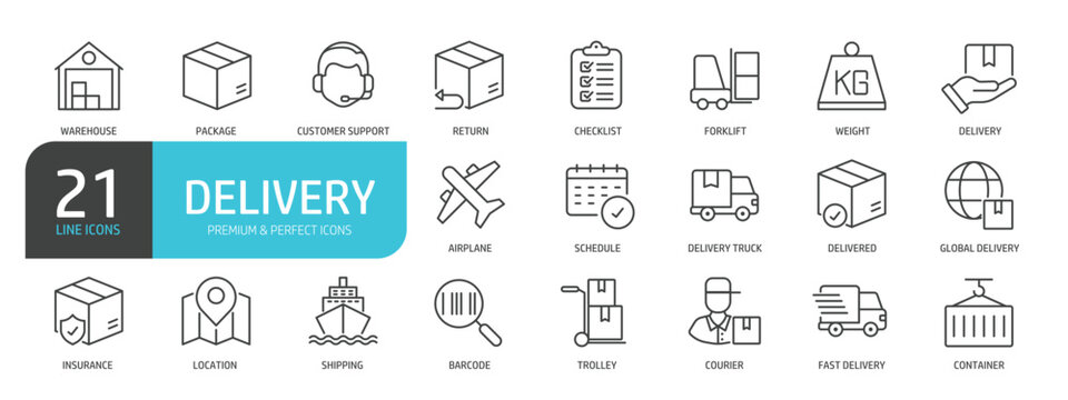 Set of line icons related to user delivery, shipping, cargo, warehouse. Outline icons collection. Editable stroke. Vector illustration.