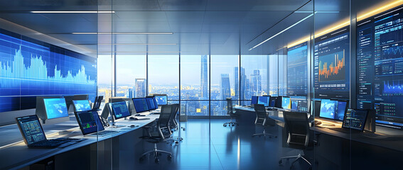 A bright office interior featuring financial charts and diagrams on digital screens, showcasing productivity and data-driven decisions