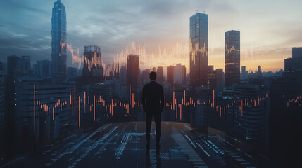 Fototapeta premium Abstract business man stands on the peak of success amid tall, innovative Smart city and graphs with statistics to analyze business potential and predict future developments in company growth.