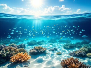 Fototapeta premium Vibrant Coral Reef Under Clear Ocean Water with Tropical Fish, Marine Life, Underwater Ecosystem, Nature Photography, Conservation, Scuba Diving, and Travel Destination