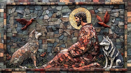 Saint Francis of Assisi depicted in mosaic art, kneeling with a gentle smile, birds flying around him, a wolf sitting peacefully by his side,