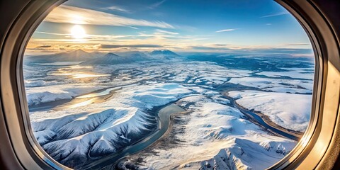 Fototapeta premium Snowy landscape on Iceland seen from plane window, Iceland, winter, snow, landscape, aerial view, travel, scenic, Arctic, cold