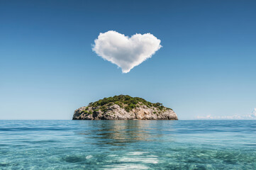 海の中の小島に浮かぶハート型の雲が広がる青空の景色