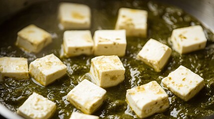Cooking Process of Paneer in Spinach Sauce Over Low Heat