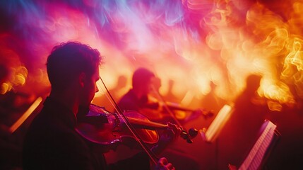 Musicians playing violins in vibrant, smoky lighting.