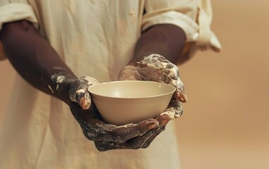 Closeup of ordinary black hands holding simple clay product. Subtle hobby in tranquil atmosphere. Peaceful leisure. Crafted, artisanal, imperfect, organic, irregular texture