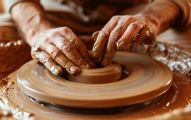 Closeup of ordinary hands making simple clay product on potter's wheel. Subtle hobby in tranquil atmosphere. Peaceful leisure. Crafted, artisanal, imperfect, organic, irregular texture