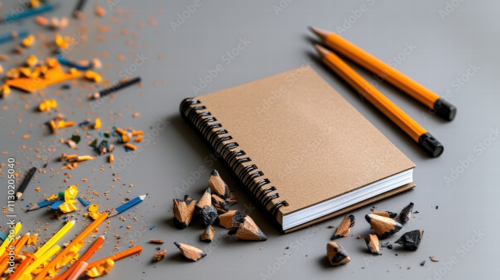 Poster notebook and pencils on a workspace surrounded by shavings