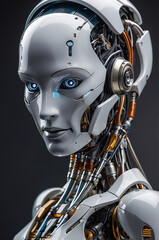 Futuristic Portrait of a Human-Like Robot Embracing Advanced Artificial Intelligence and Cybernetic Design in a High-Tech Setting
