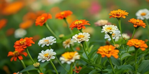 Fototapeta premium Vibrant zinnia plants showcase a stunning display of orange and white flowers flourishing in a picturesque field, creating a breathtaking scene of zinnia beauty and color.