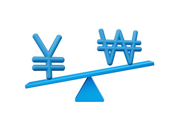 Obraz premium 3d Blue Yen And Won Symbol Icons With 3d Blue Balance Weight Seesaw, 3d illustration 