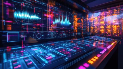 Futuristic Control Room: Neon Lights and Data Streams