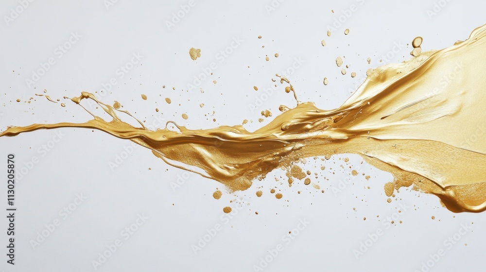 Poster dynamic gold splash action against minimalist white background abstract art studio setting close-up 