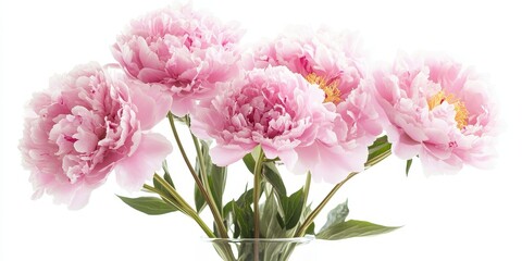 Obraz premium Delicate pink peonies elegantly arranged in a vase, creating a stunning display against a clean white background. These pink peonies bring a touch of beauty to any setting.