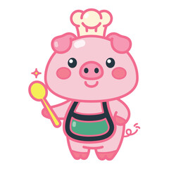 Fototapeta premium A cute cartoon pig wearing a chef hat isolated on a white background in a flat color style. Vector illustration suitable for kids' design, t-shirt, decor, and cooking theme projects.