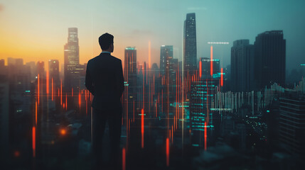 Fototapeta premium Abstract business man stands on the peak of success amid tall, innovative Smart city and graphs with statistics to analyze business potential and predict future developments in company growth.